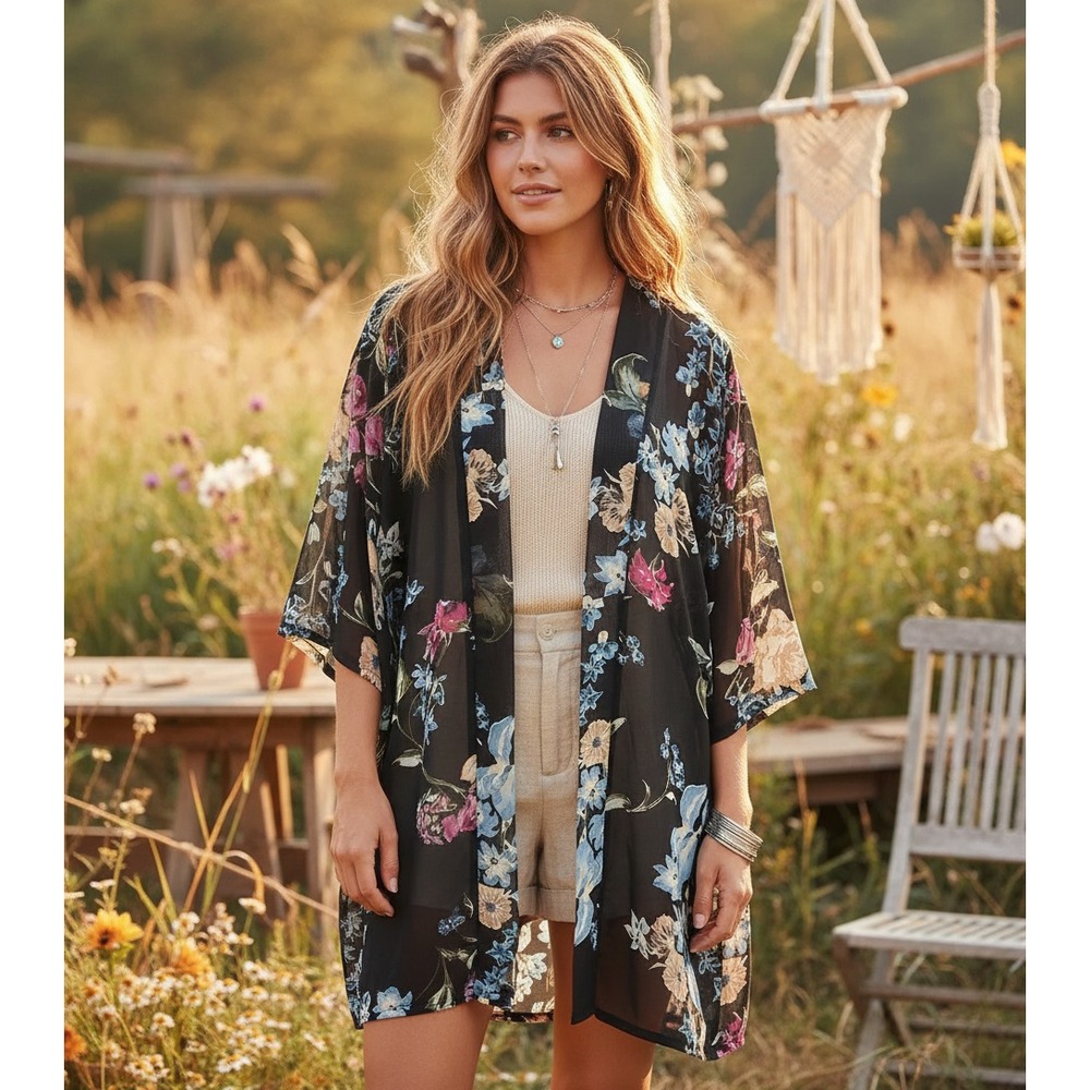 Helena Quinn OS Kimono Top Coverup Black Floral Cottage Boho Resort Whimsigoth